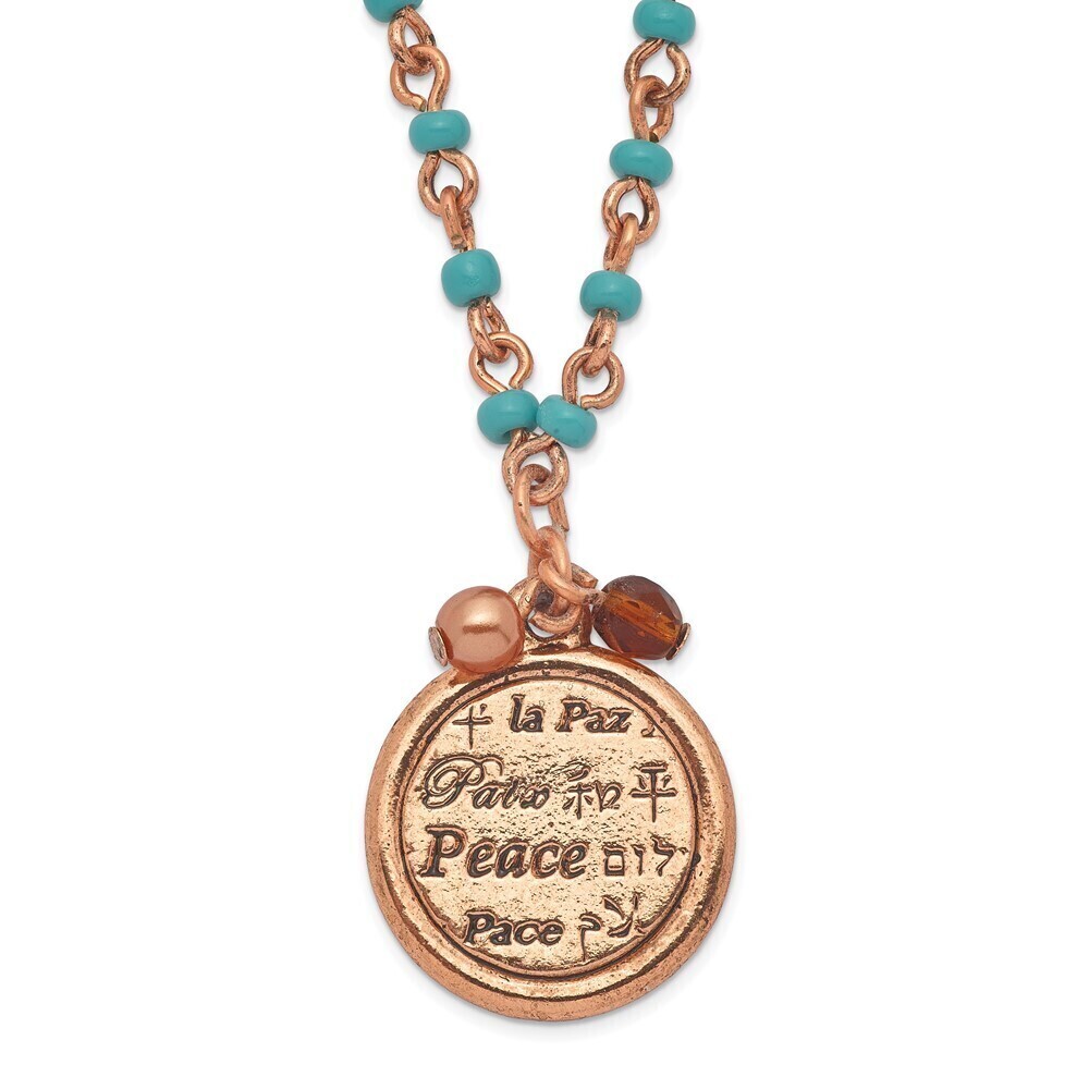 Copper-tone Aqua Brown Acrylic Bead, Polished Peace Pendant 16 in Necklace